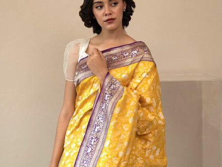 Yellow-Purple Pure Katan Silk Banarasi Handloom Saree For Cheap