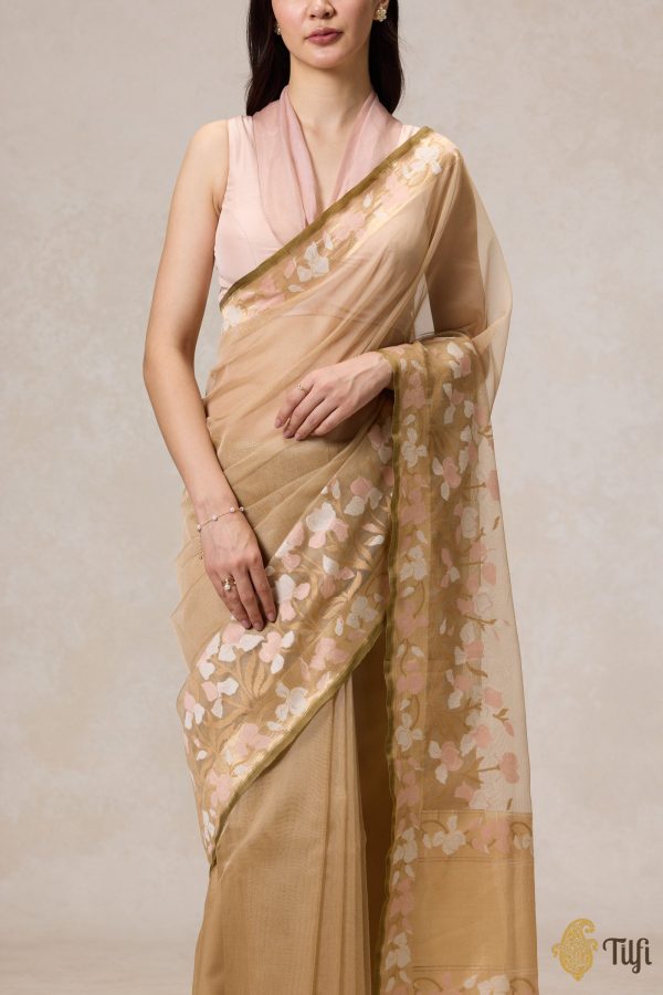 A Sweep of Irises  Beige Pure Kora Silk Net Banarasi Handloom Saree Sale