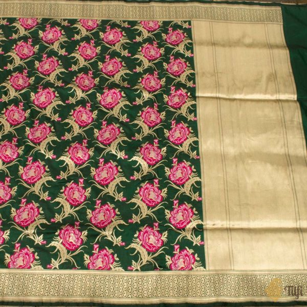 A Bed of Roses  Dark Green Pure Katan Silk Banarasi Handloom Saree Online Sale