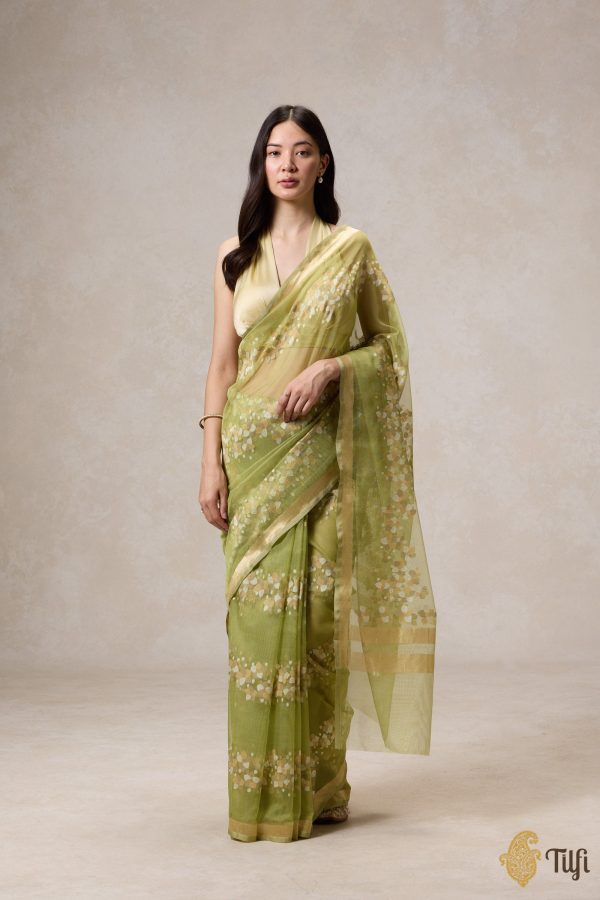 A Flourish of Primroses  Green Pure Kora Silk Net Banarasi Handloom Saree Sale