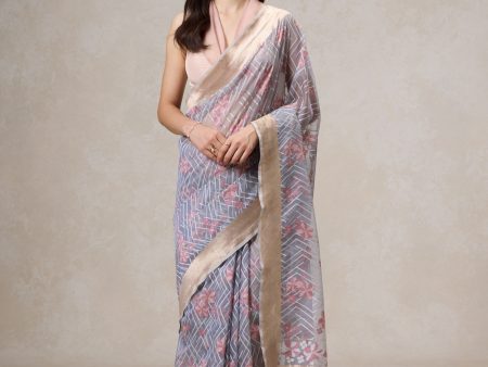 A Cascade of Geraniums  Grey Pure Kora Silk Net Banarasi Handloom Saree Online Sale