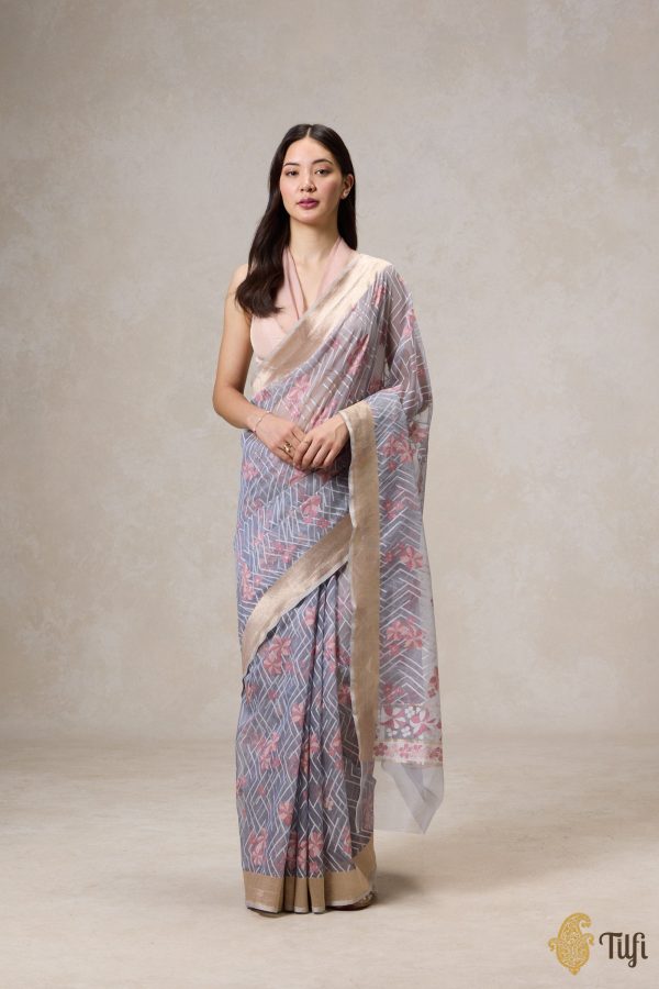 A Cascade of Geraniums  Grey Pure Kora Silk Net Banarasi Handloom Saree Online Sale