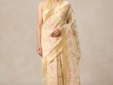 A Cascade of Geraniums  Pastel Yellow Pure Kora Silk Net Banarasi Handloom Saree Online Hot Sale