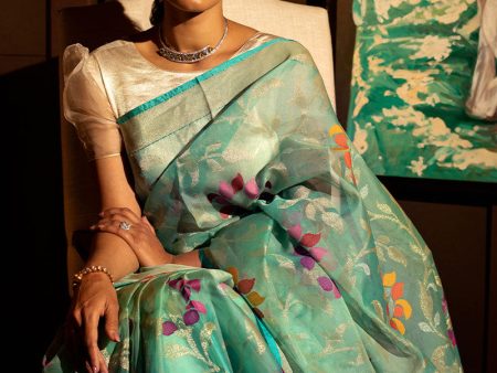 Antara  Sea Green Pure Cotton Jamdani Real Zari Banarasi Handloom Saree For Sale