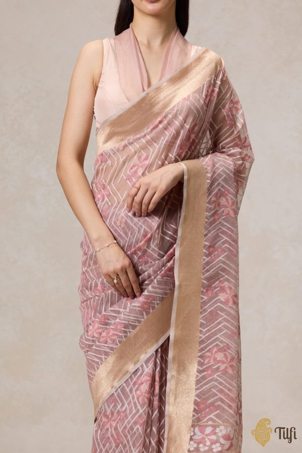 A Cascade of Geraniums  Pastel Pink Pure Kora Silk Net Banarasi Handloom Saree Online now