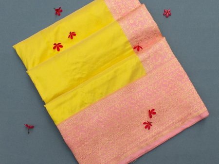 Yellow-Pink Pure Katan Silk Banarasi Kadiyal Handloom Saree For Sale