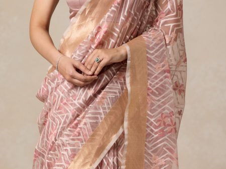 A Cascade of Geraniums  Pastel Brown Pure Kora Silk Net Banarasi Handloom Saree Online