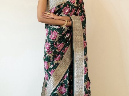 A Bed of Roses  Dark Green Pure Katan Silk Banarasi Handloom Saree Online Sale