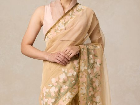 A Sweep of Irises  Beige Pure Kora Silk Net Banarasi Handloom Saree Online Hot Sale