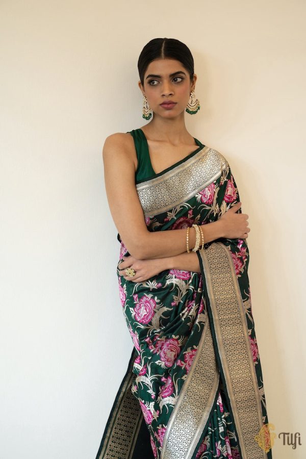 A Bed of Roses  Dark Green Pure Katan Silk Banarasi Handloom Saree Online Sale