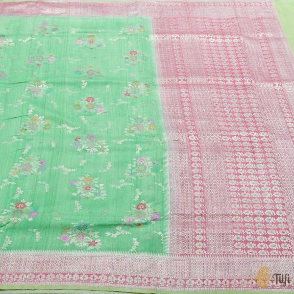 Aqua Green Pure Tussar Georgette Silk Banarasi Handloom Saree Sale