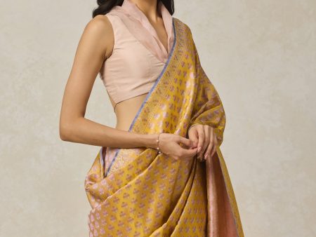 Yellow Pure Satin Silk Banarasi Tanchoi Handloom Saree For Sale