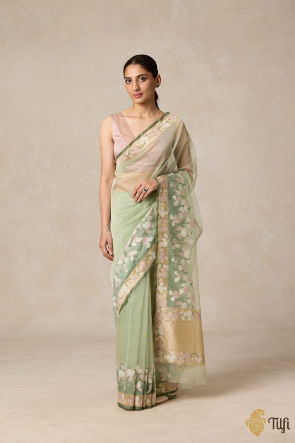 A Sweep of Irises  Sage Green Pure Kora Silk Net Banarasi Handloom Saree For Sale