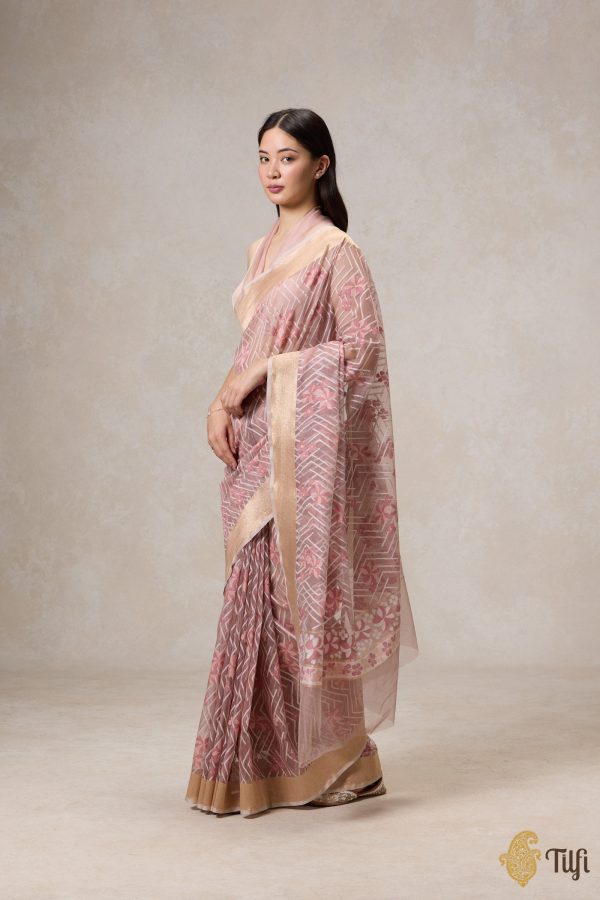 A Cascade of Geraniums  Pastel Pink Pure Kora Silk Net Banarasi Handloom Saree Online now