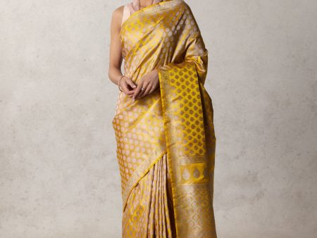 Yellow Pure Satin Silk Banarasi Tanchoi Handloom Saree Online