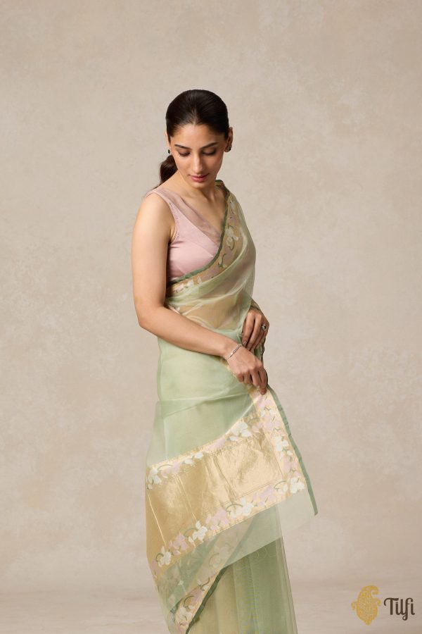 A Sweep of Irises  Sage Green Pure Kora Silk Net Banarasi Handloom Saree For Sale