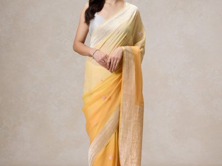 Yellow Ombre Pure Khaddi Georgette Banarasi Handloom Saree For Sale