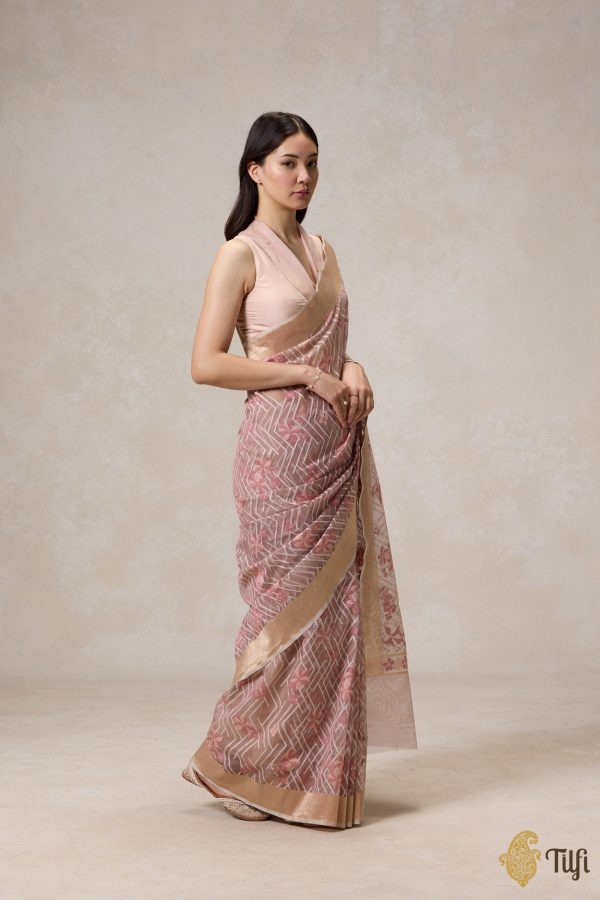 A Cascade of Geraniums  Pastel Pink Pure Kora Silk Net Banarasi Handloom Saree Online now