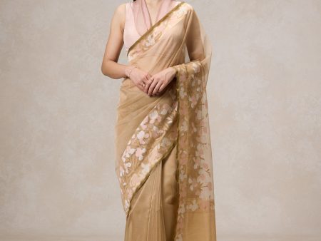 A Sweep of Irises  Beige Pure Kora Silk Net Banarasi Handloom Saree Sale