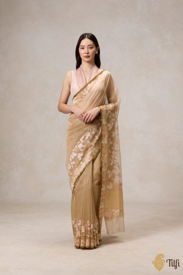 A Sweep of Irises  Beige Pure Kora Silk Net Banarasi Handloom Saree Sale