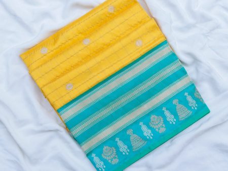 Yellow-Blue Green Pure Katan Silk Banarasi Handloom Saree For Discount