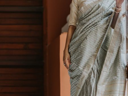 Silver Grey Pure Soft Satin Silk Banarasi Handloom Saree Online Sale