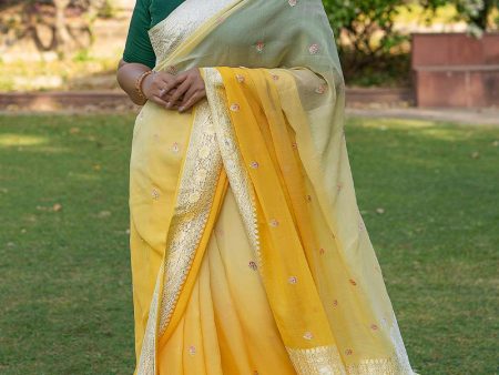 Yellow Ombré Pure Khaddi Georgette Banarasi Handloom Saree Online