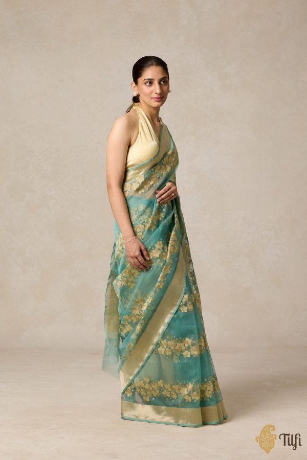 A Flourish of Primroses  Teal Blue Pure Kora Silk Net Banarasi Handloom Saree For Discount