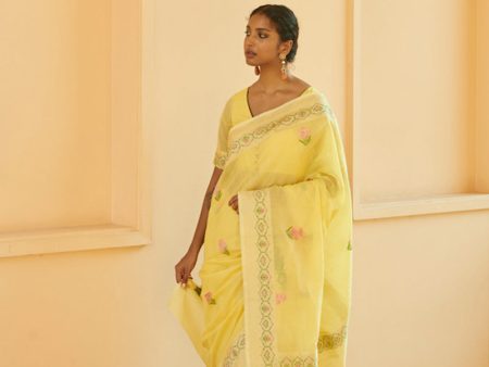 Yellow Pure Kora Silk by Cotton Handwoven Banarasi Saree Online Sale