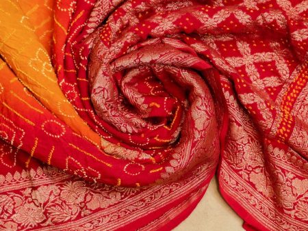 Yellow-Red Pure Georgette Banarasi Bandhani Handloom Saree Online now