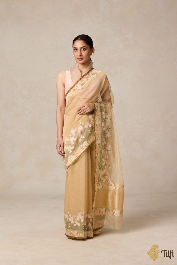 A Sweep of Irises  Beige Pure Kora Silk Net Banarasi Handloom Saree Online Hot Sale