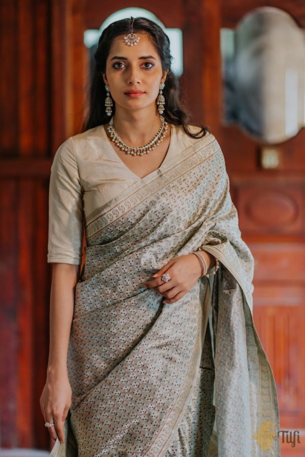 Silver Grey Pure Soft Satin Silk Banarasi Handloom Saree Online Sale