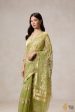 A Flourish of Primroses  Green Pure Kora Silk Net Banarasi Handloom Saree Sale